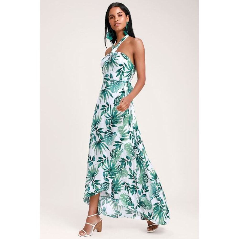 Lulus Marisha White And Green Leaf Print Halter Wrap Dress - Size XS
